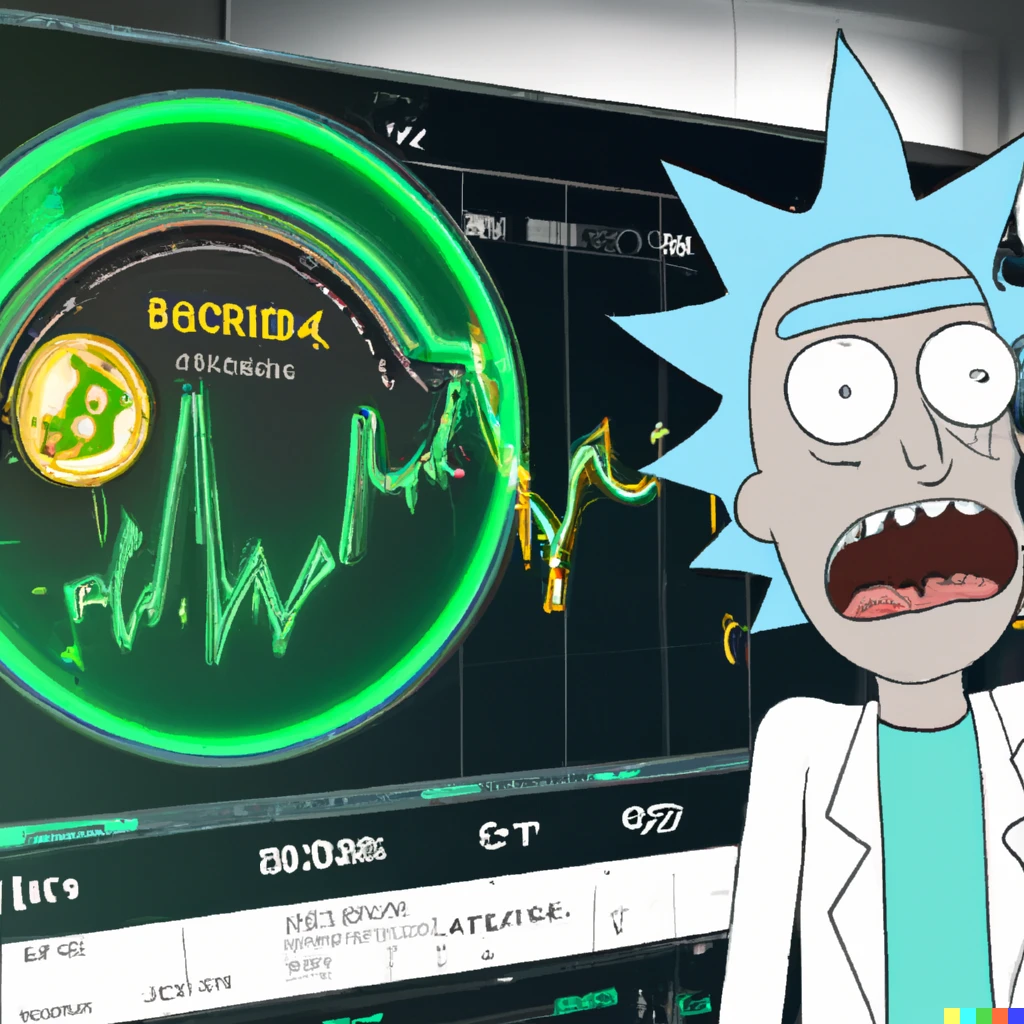 Prompt: A still of „Rick and Morty“ reacting to a Bitcoin crashing line chart at the New York stock exchange, Bitcoin logo, Award-winning, photograph, 3d render, unreal engine, 4k detailed