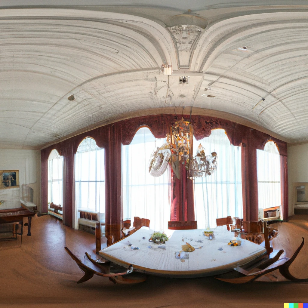 Prompt: Equirectangular panoramic projection of inside of a regal dining room