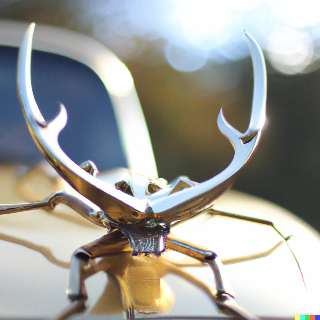Prompt: Photograph of a gleaming solid gold volkswagon with stag beetle antlers, bokeh 