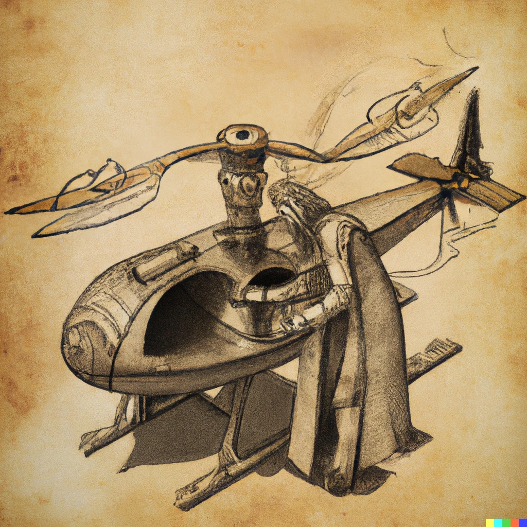 Prompt: A steampunk leonardo da vinci repairing a broken helicopter prototype. Charcoal on parchment, high resolution. The rotors look like hundreds of tiny knives!