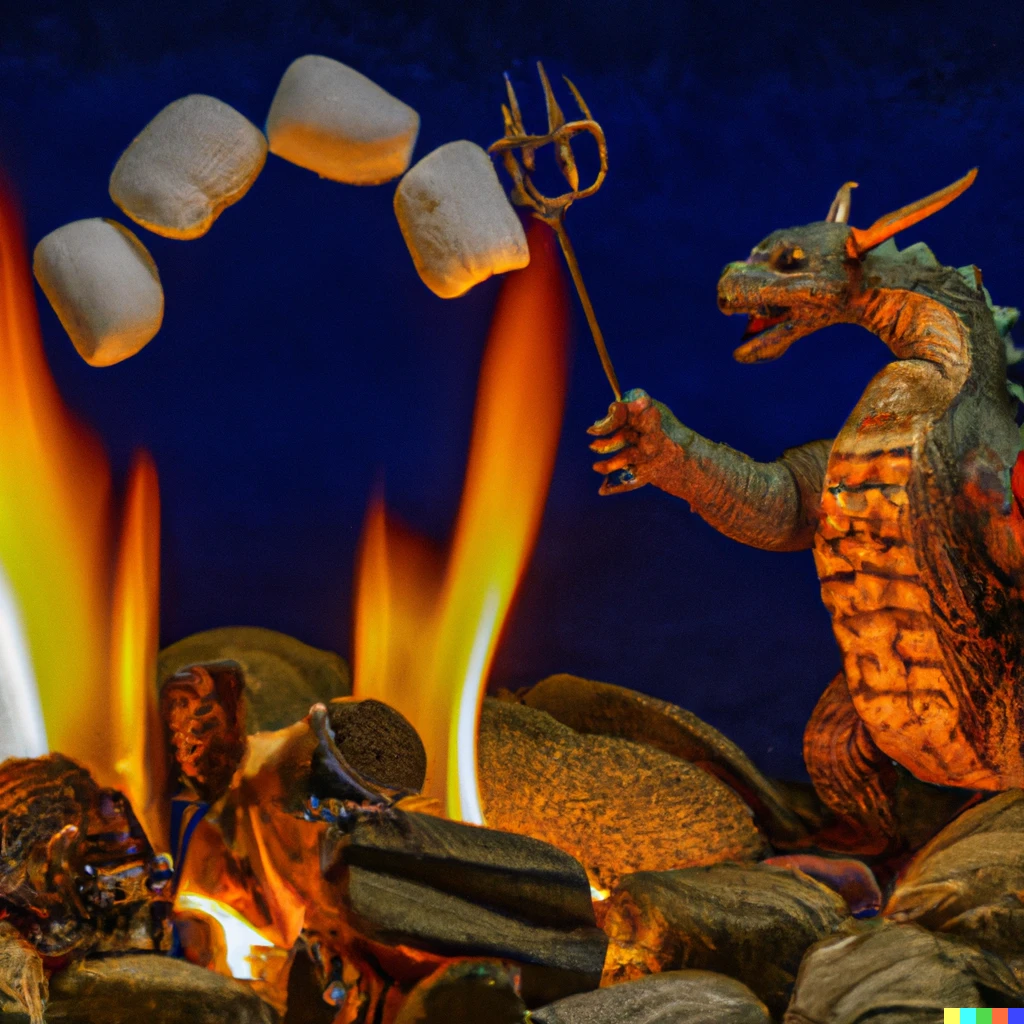 Prompt: Smaug the Dragon toasting marshmallows for his friends in the shire. Photograph, panoramic