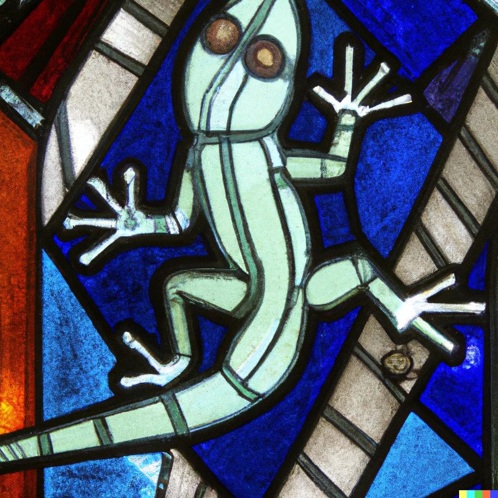 Prompt: stained glass window depicting a spacesuited lizard 