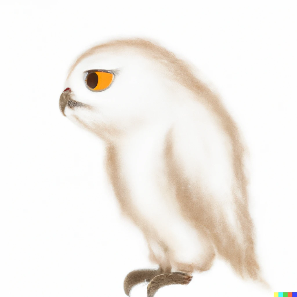 Prompt: Digital art of a short fluffy creamy white owl looking to his left. Owl has a triangular orange beak, thick dark feathered eyebrows, dark eyeshadow. Beige feathered feet, brown toes/claws