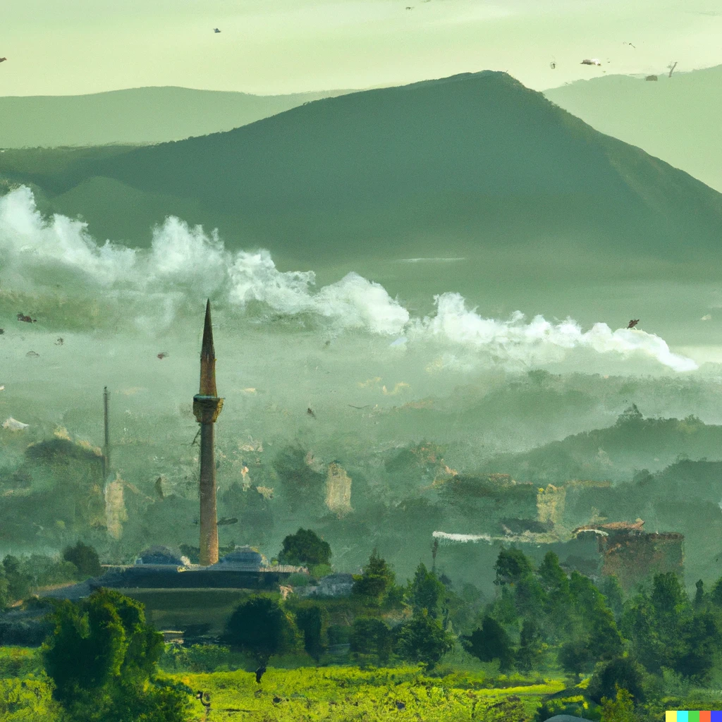 Prompt: A city nestled in a lush green valley, with mosque minarets rising up through the early morning mists, and birds circling the smoke from a large chimney