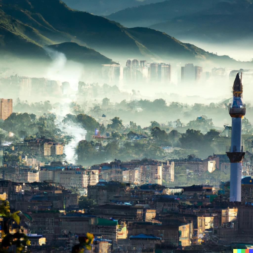 Prompt: Panoramic photograph of a bustling city nestled in a lush green valley, with mosque minarets rising up through the early morning mists, and birds circling the smoke from a large chimney, 