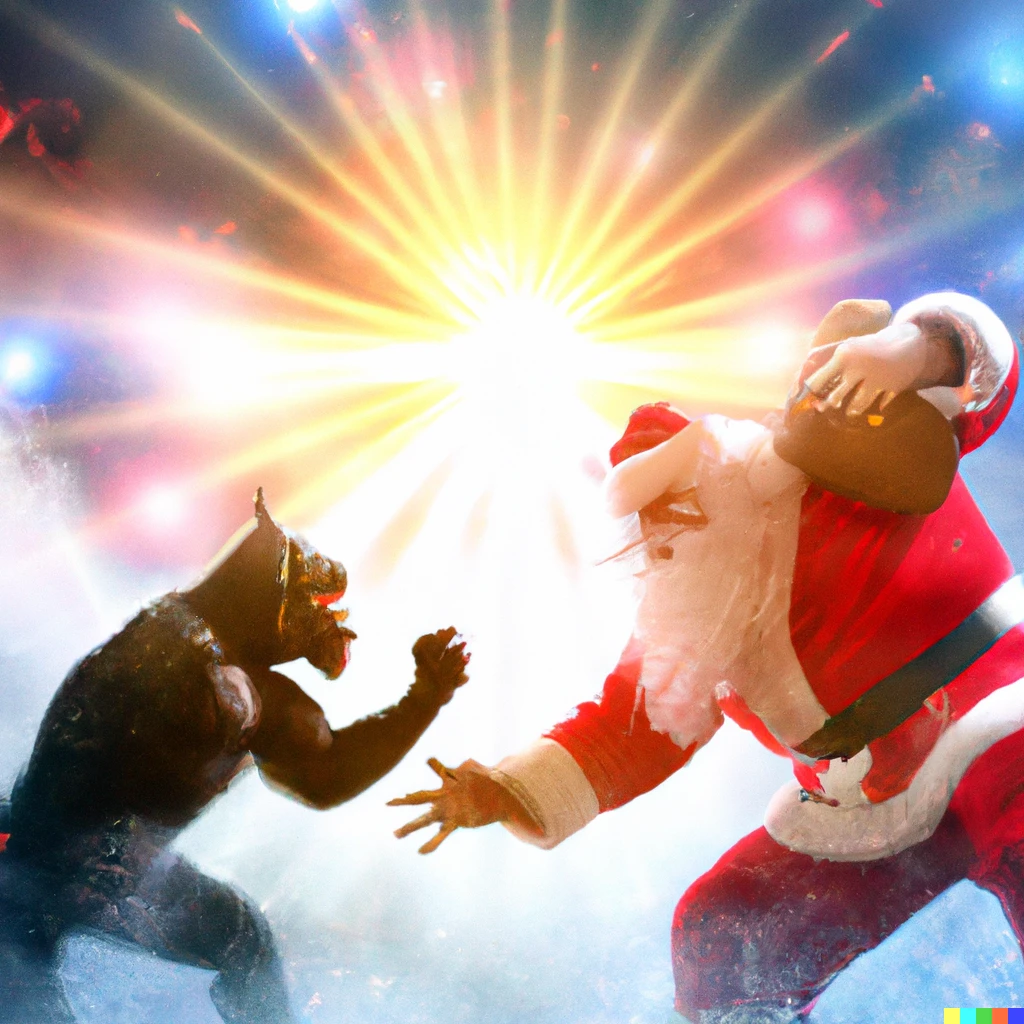 Prompt: High resolution photograph of Santa fighting Satan in WWF style. Lens flare, bokeh, demons.