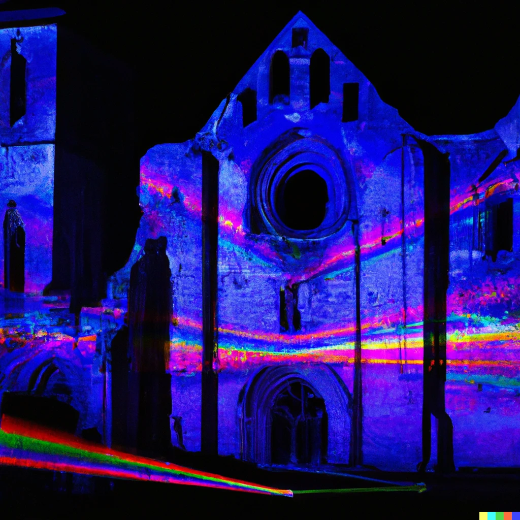 Prompt: Audience-controlled laser show at ancient ruined cathedral