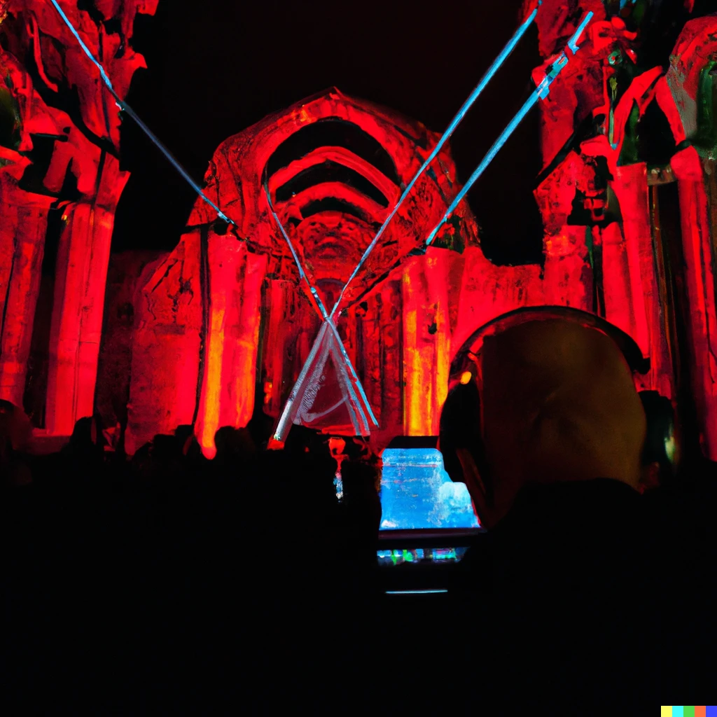 Prompt: Audience control lasers at cathedral ruins show