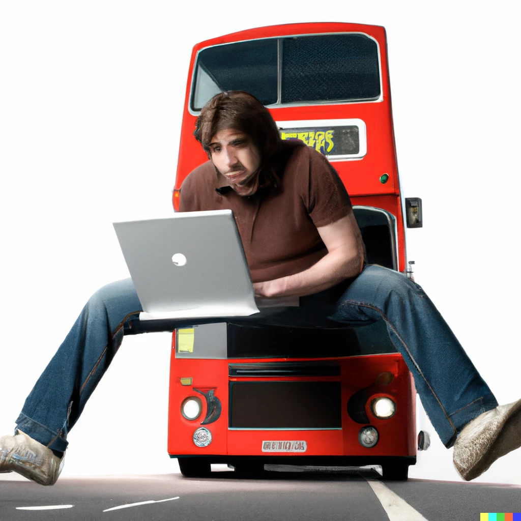 Prompt: studio photograph of a huge red bus driving down the highstreet about to hit a cross-legged programmer hunched over his laptop in the middle of the road