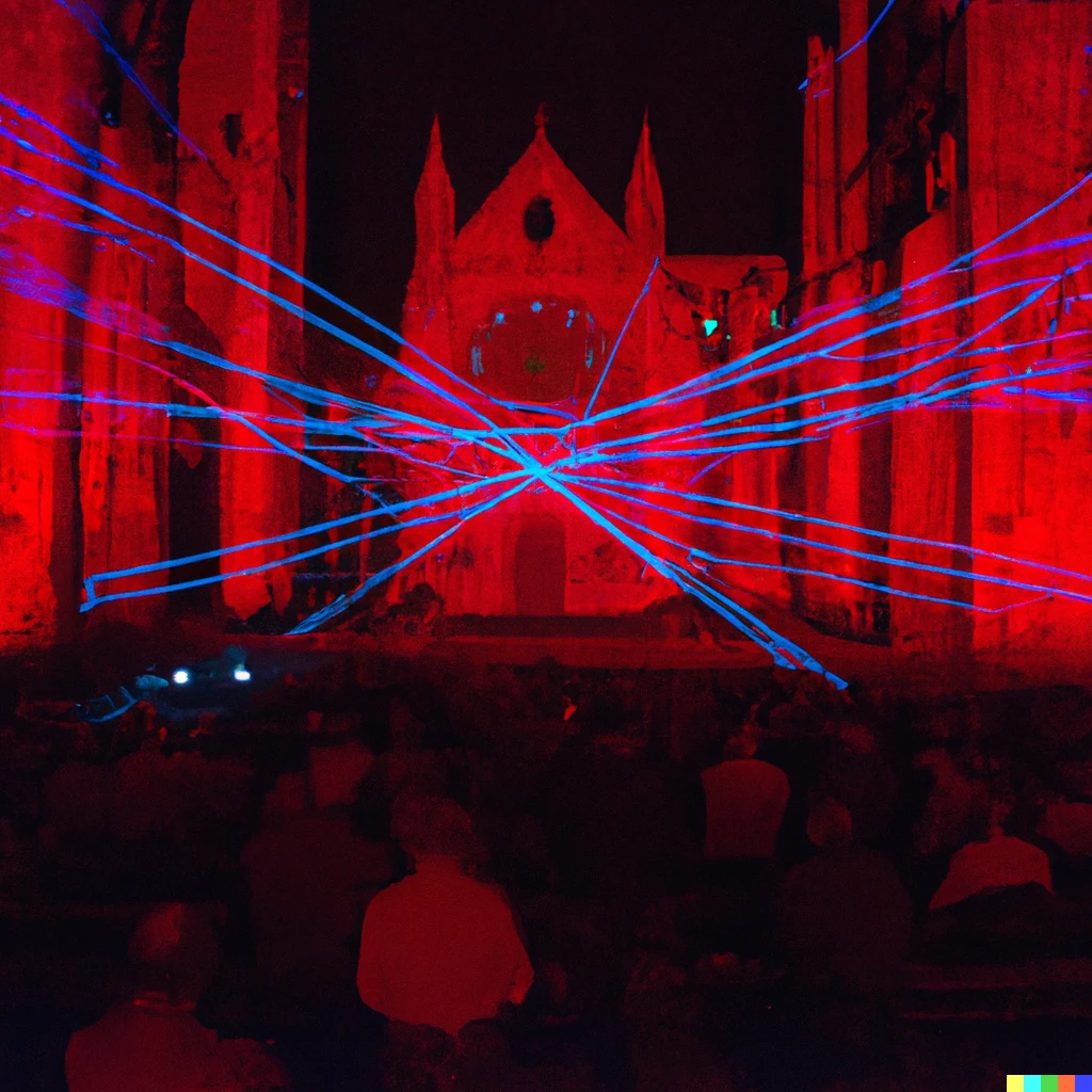 Prompt: Audience control lasers at cathedral ruins show
