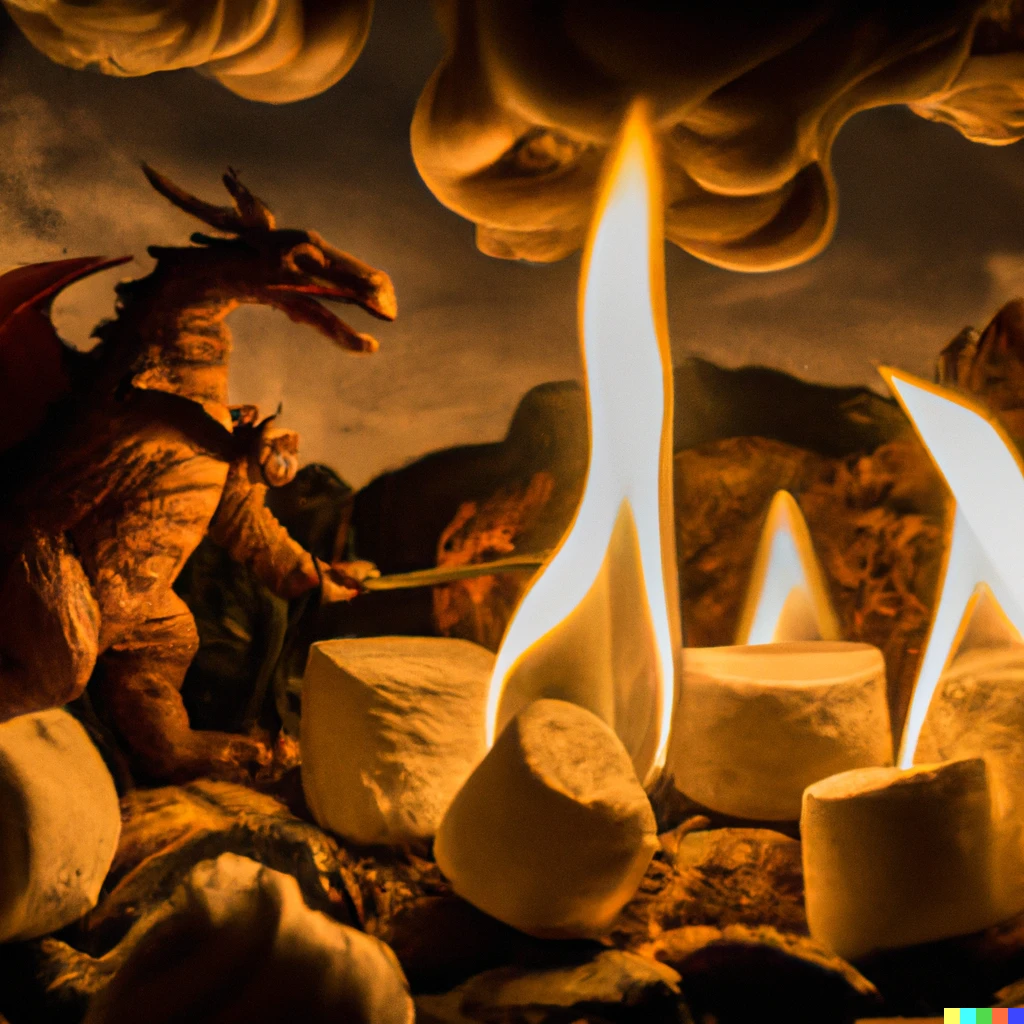 Prompt: Smaug the Dragon toasting marshmallows for his friends in the shire. Photograph, panoramic