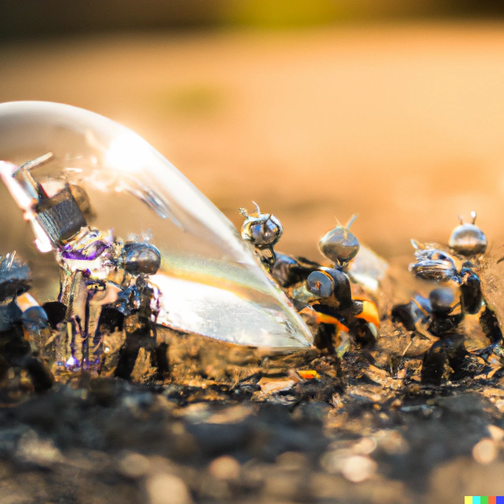Prompt: Macro close up photograph of tiny robots repairing a broken crystal head. Bokoh, golden hour, F.4.

The robots look like Lemmings from the 1990s game, but realistic.
