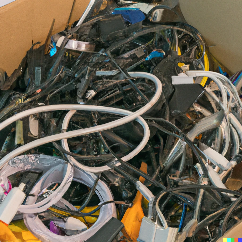 Prompt: Massive tangled box of usb cables, electrical adapters, convertors and other cables
