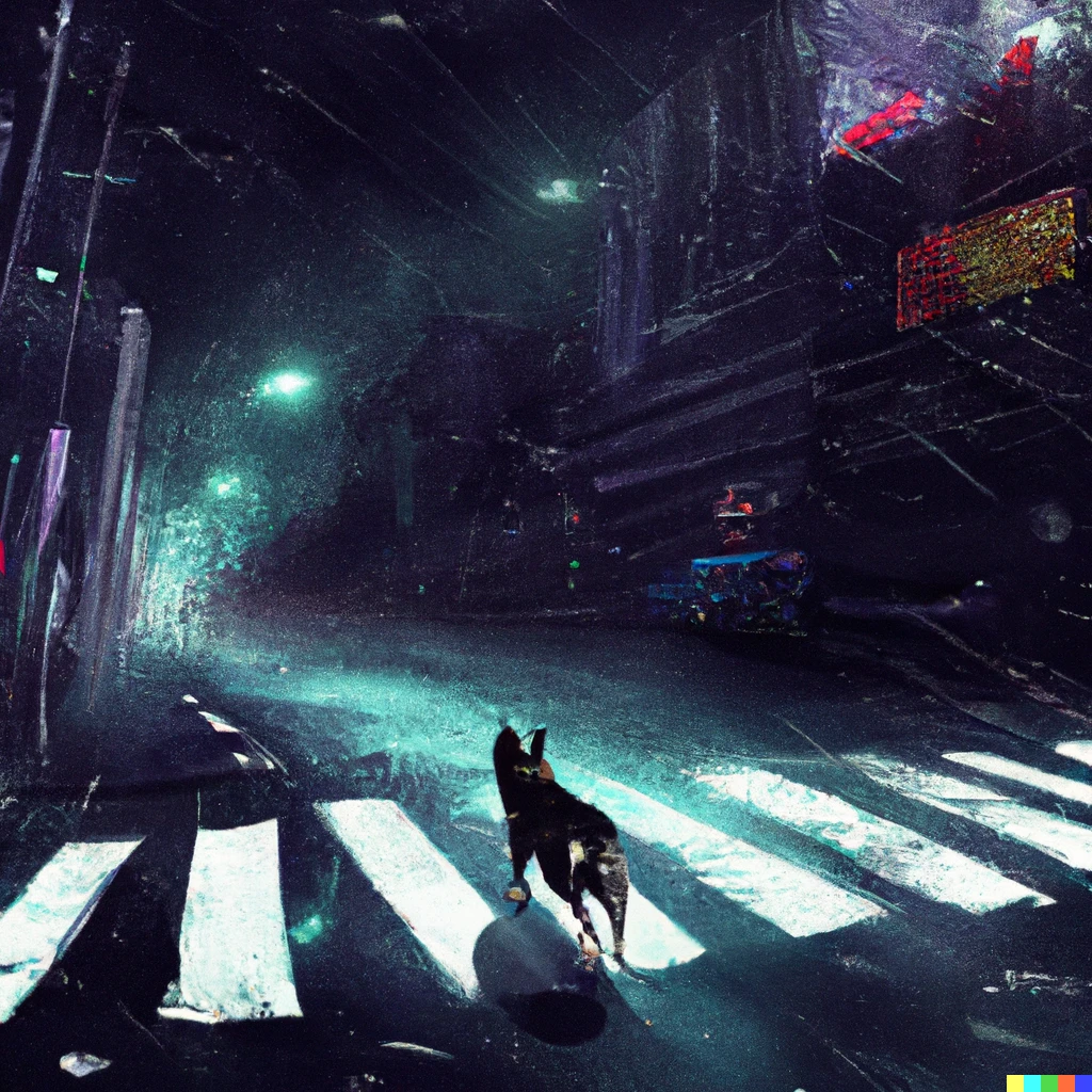 Prompt: a lost dog runs through empty streets looking for his lost master, dark cyberpunk city, digital art in the style of shoegaze
