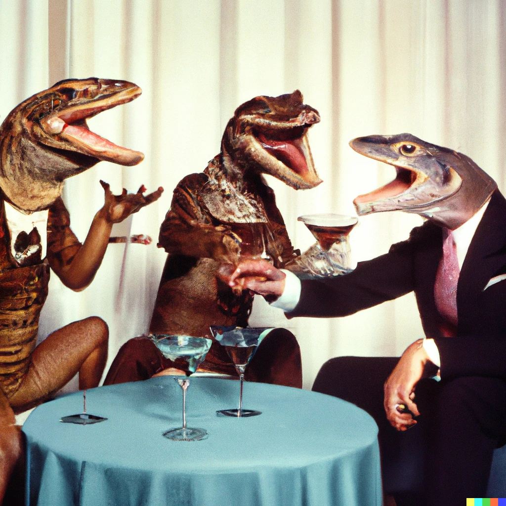 Prompt: Three billionaire reptiles caught drinking martinis and laughing about their plans for world domination, Associated Press photojournalism