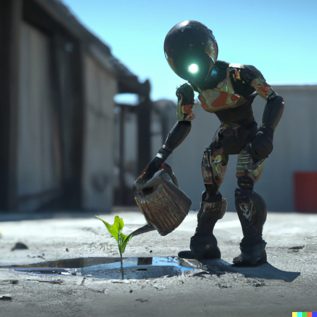 Prompt: An android watering a sapling in a cracked road among the background of an abandoned city, screenshot from R-rated Pixar movie