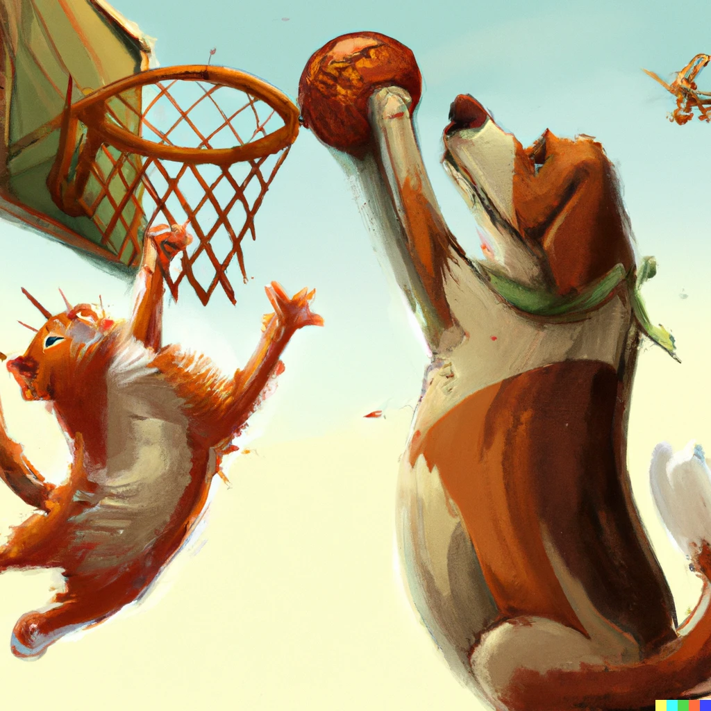 Prompt: A dog dunking a basketball into the net while a cat tries and fails to stop him, digital art