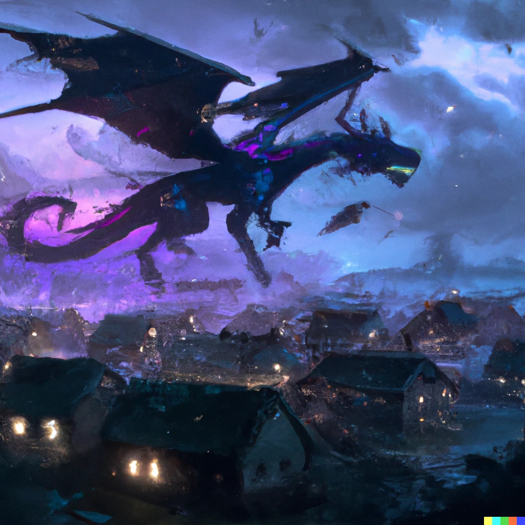Prompt: A metallic dragon flying over a destroyed village, the dragon leaves a neon trail on the sky, illustration trending on artstation