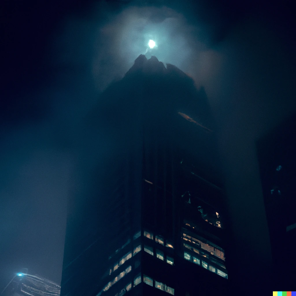 Prompt: a skycrapper sorrounded by fog, it's late night, the moon brights too much, photo taken from away, award-winning photo