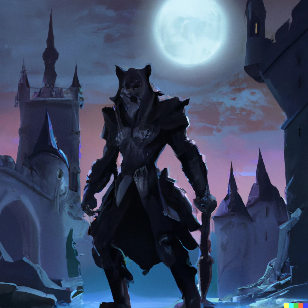 Prompt: a Werewolf wearing a medieval armour in front of a castle and full moon, digital art trending on artstation