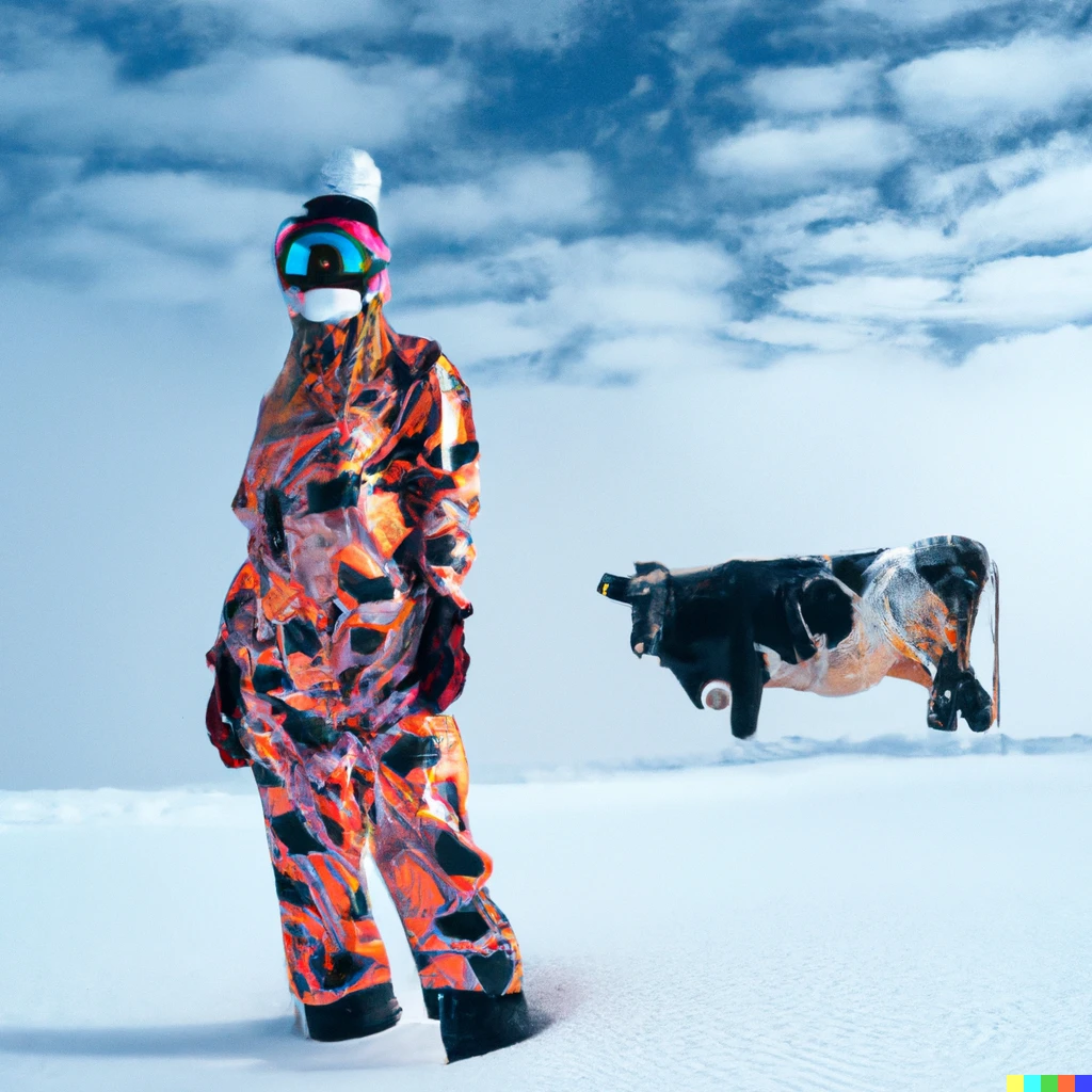 Prompt: a female snowboarder dressed in couture like clothing on a snowy planet with a cow