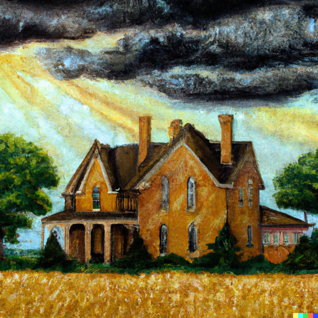 Prompt: A two-story brown-yellow Ontario farmhouse with victorian roof and three chimneys under dark clouded sky with sun rays piercing, small shrubs and wheat field, oil on canvas with sharp details