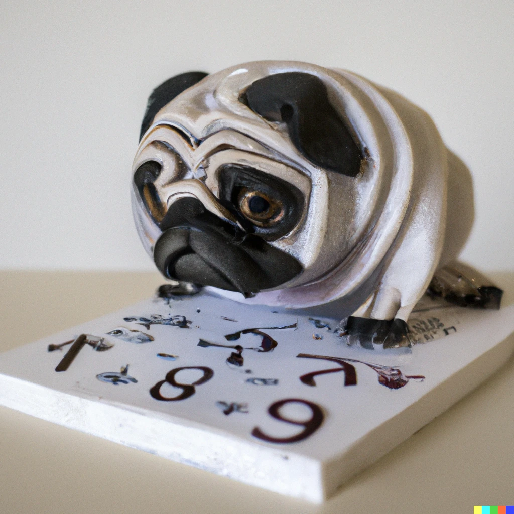 Prompt: A 3-d printed sculpture of a pug working on a really hard math problem
