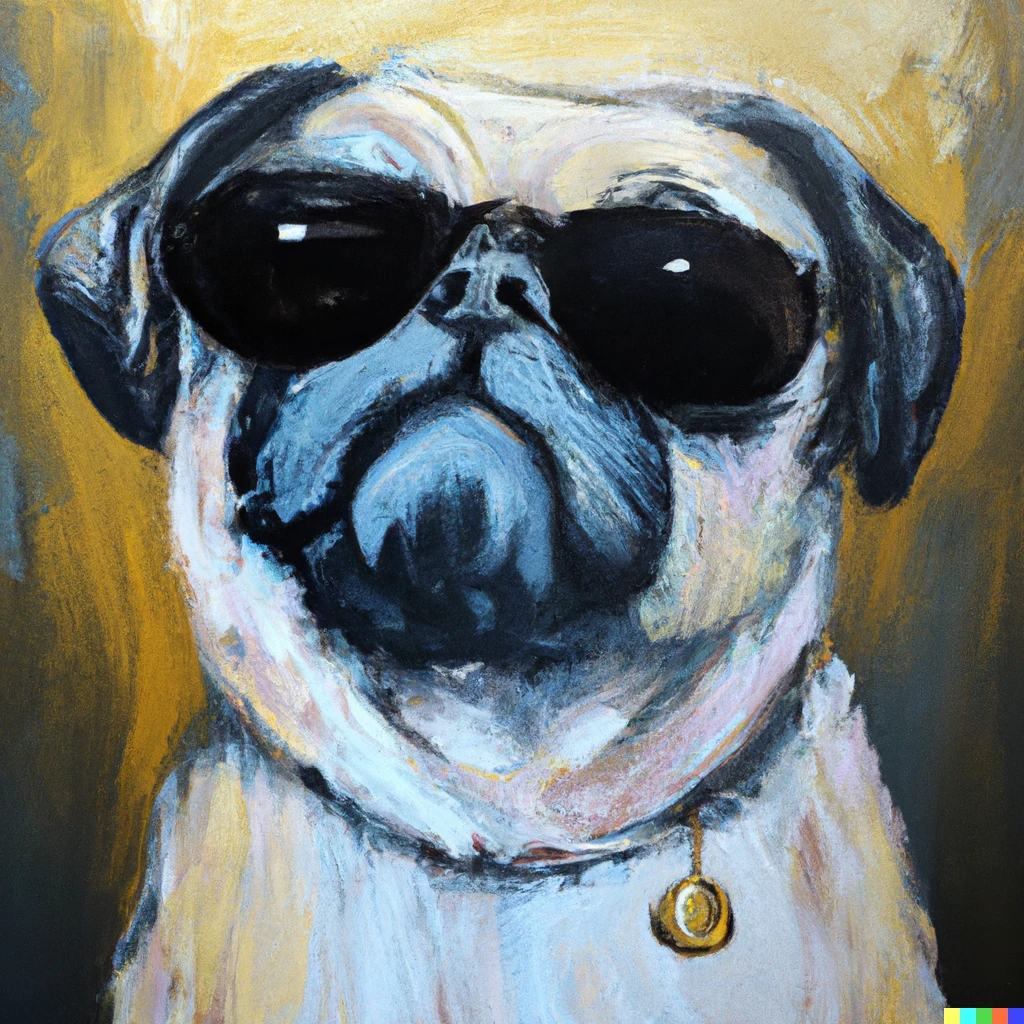 Prompt: An oil painting of a pug who is cooler than you