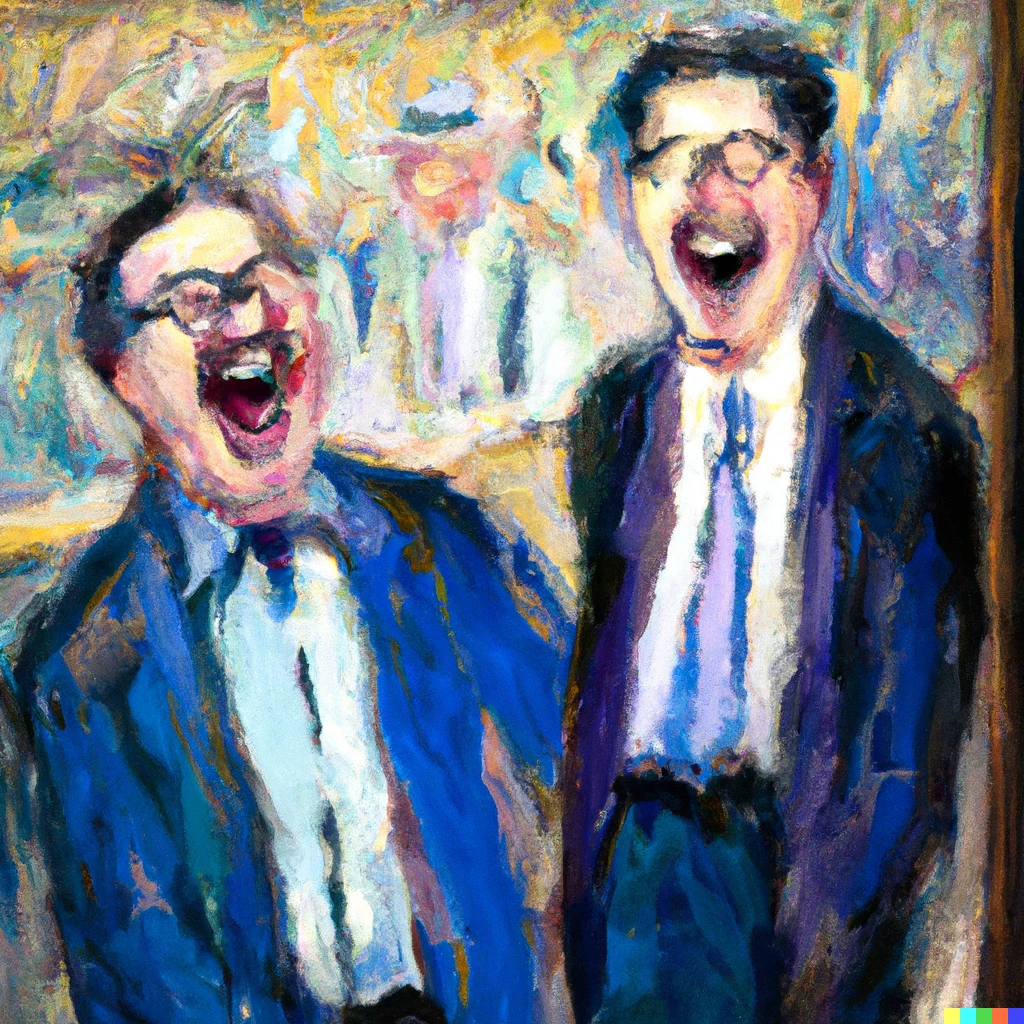 Prompt: impressionist painting of a gallerist and a journalist laughing hysterically