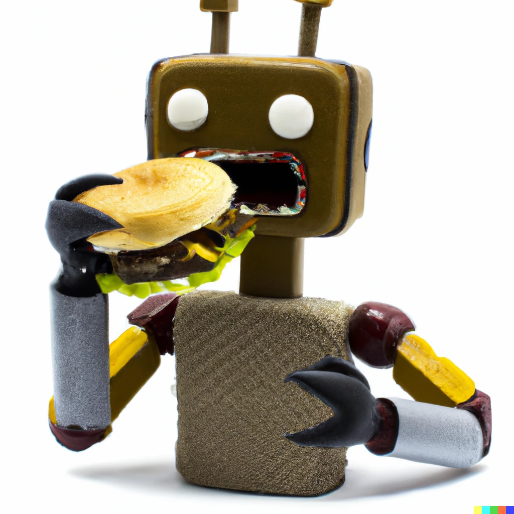 Prompt: a photography of a happy robot eating a burger on a white background