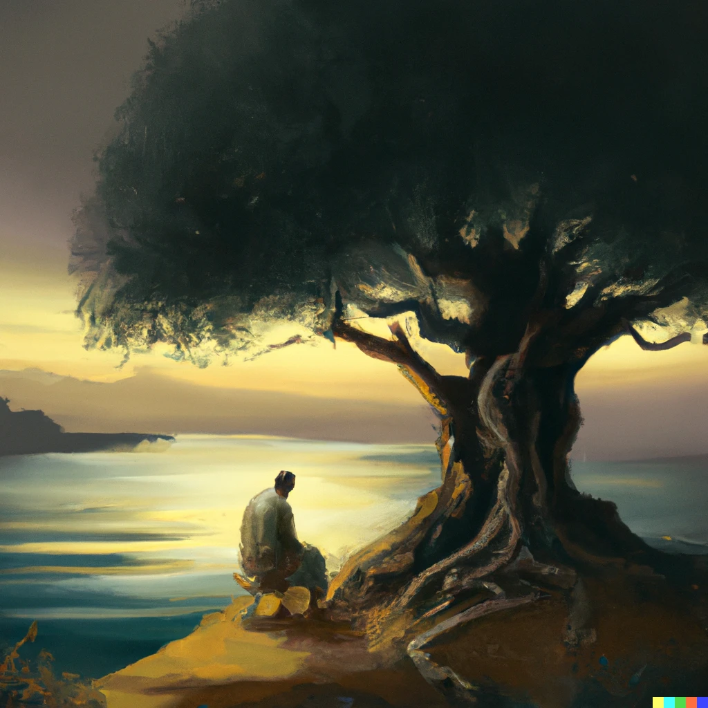 Prompt: A man looking at Cretan olive tree by the sea, digital art