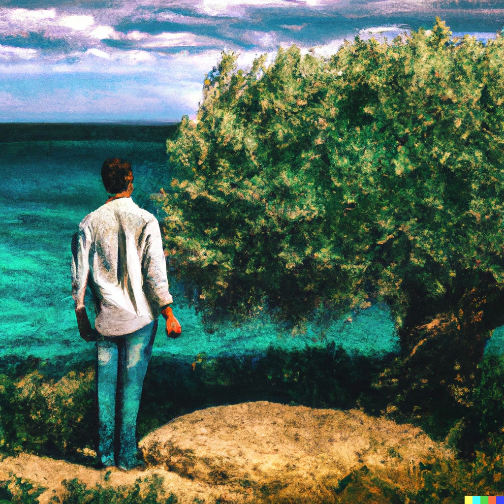 Prompt: A man looking at Cretan olive tree by the sea, digital art