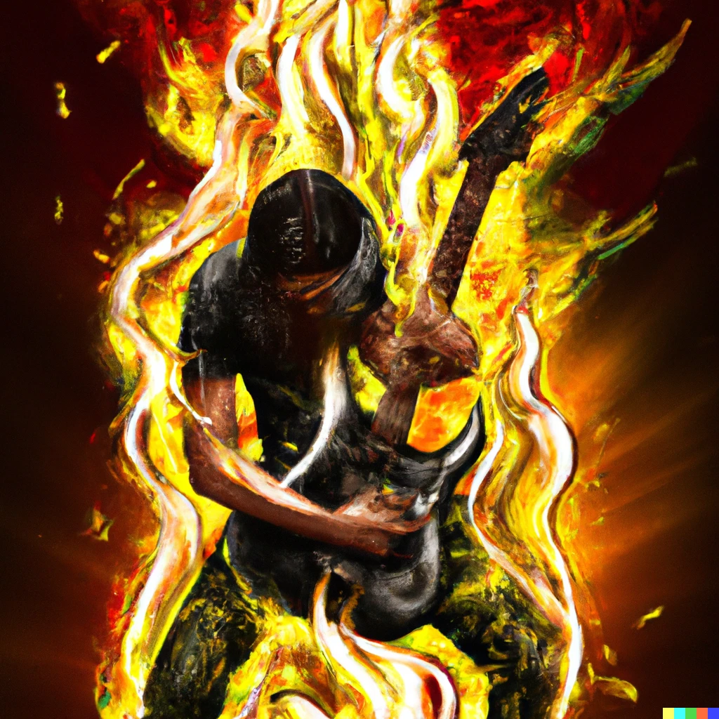 Prompt: A metalhead playing guitar while flames are coming out of the guitar