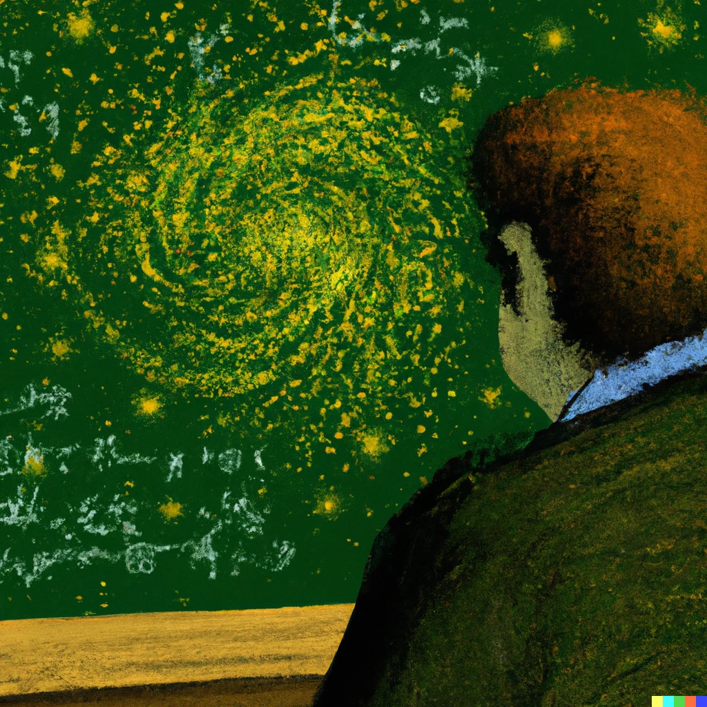 Prompt: a math professor writing on green chalk board while the universe explodes in the style of Vincent van Gogh.