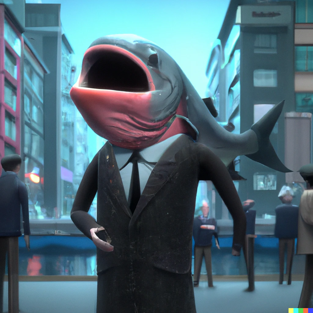 Prompt: a talking salmon with suits in the city digital art realistic 3D unreal engine 4K