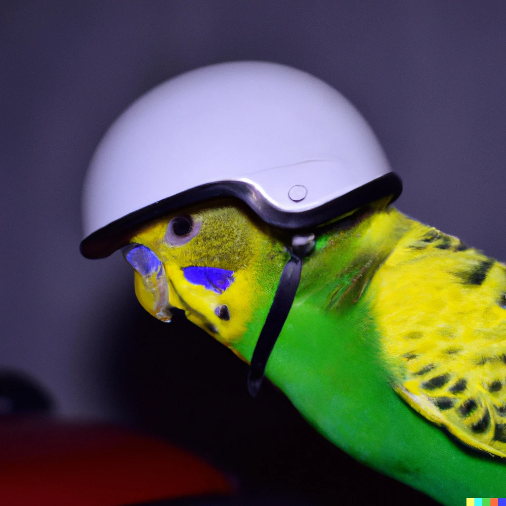 Prompt: A yellow and green parakeet with a motorcycle helmet, realistic photo.