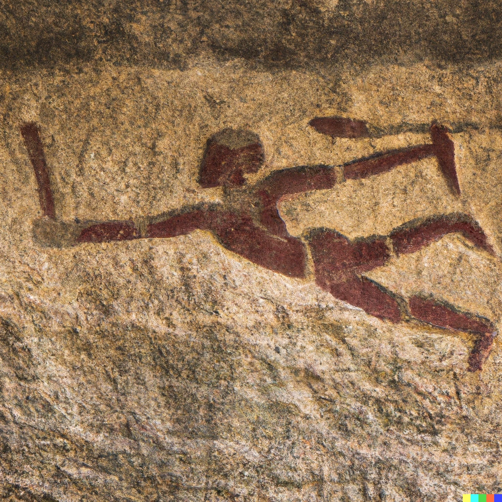 Prompt: An Ajanta-Ellora caves like wall-art of an athlete doing pole vault.