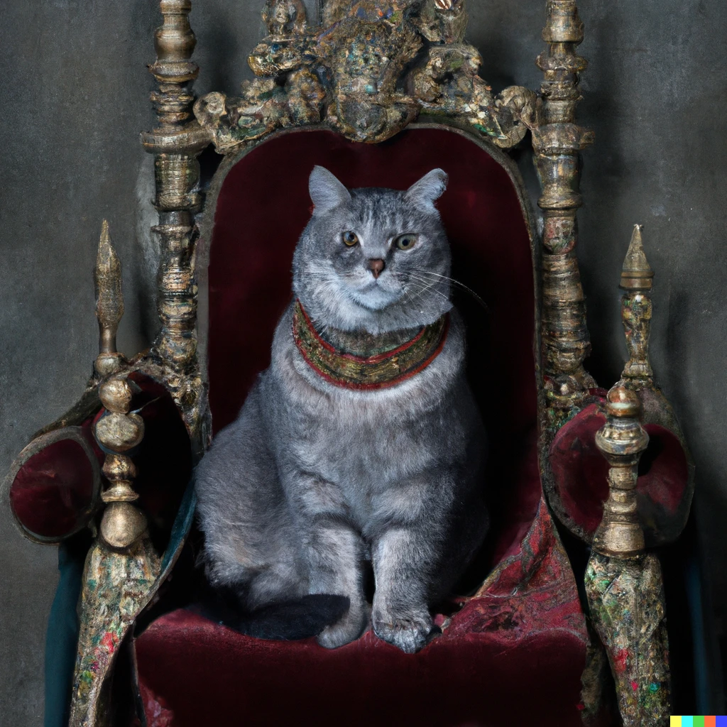 Prompt: A renaissance portrait of a gray cat on a throne