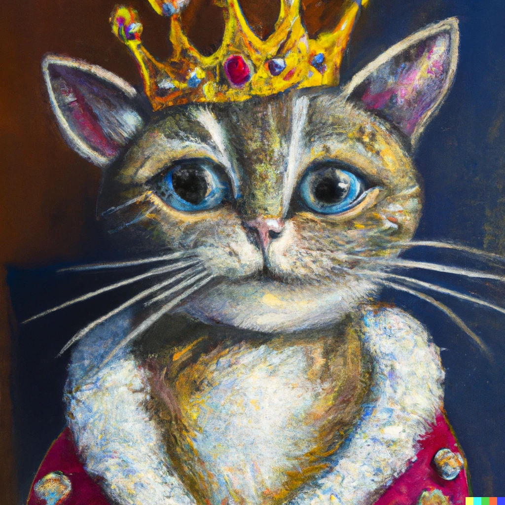 Prompt: An impressionist oil painting of a cartoon cat dressed like a queen wearing a royal robe and a crown posing for a headshot