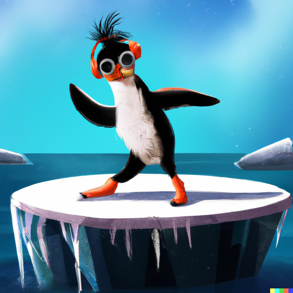 Prompt: Disco penguin in 70s clothing dancing on a slab of ice in the ocean, digital art 