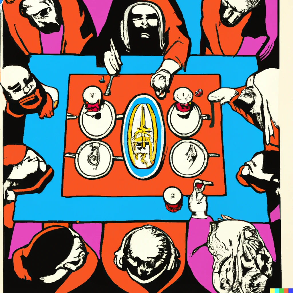 Prompt: last supper abstract pop art by Andy warhol