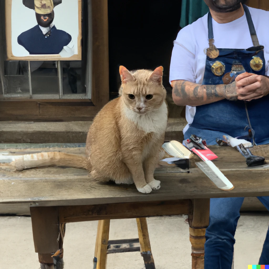 Prompt: A photo still of the newest Reality TV show, “Barbers and their cats”