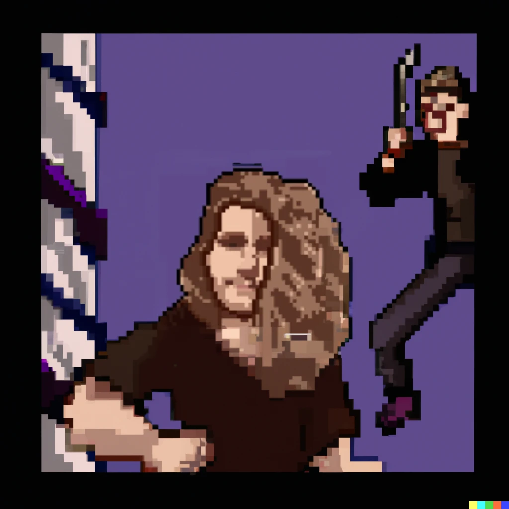 Prompt: Pixel art of a fight with a thief from a 90s first person RPG computer game