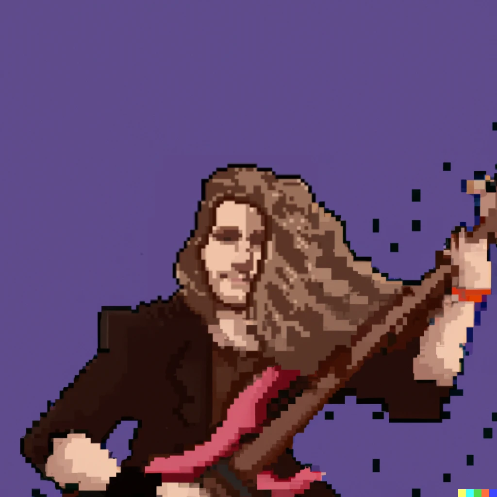 Prompt: Pixel art of a man playing a guitar at a rock concert