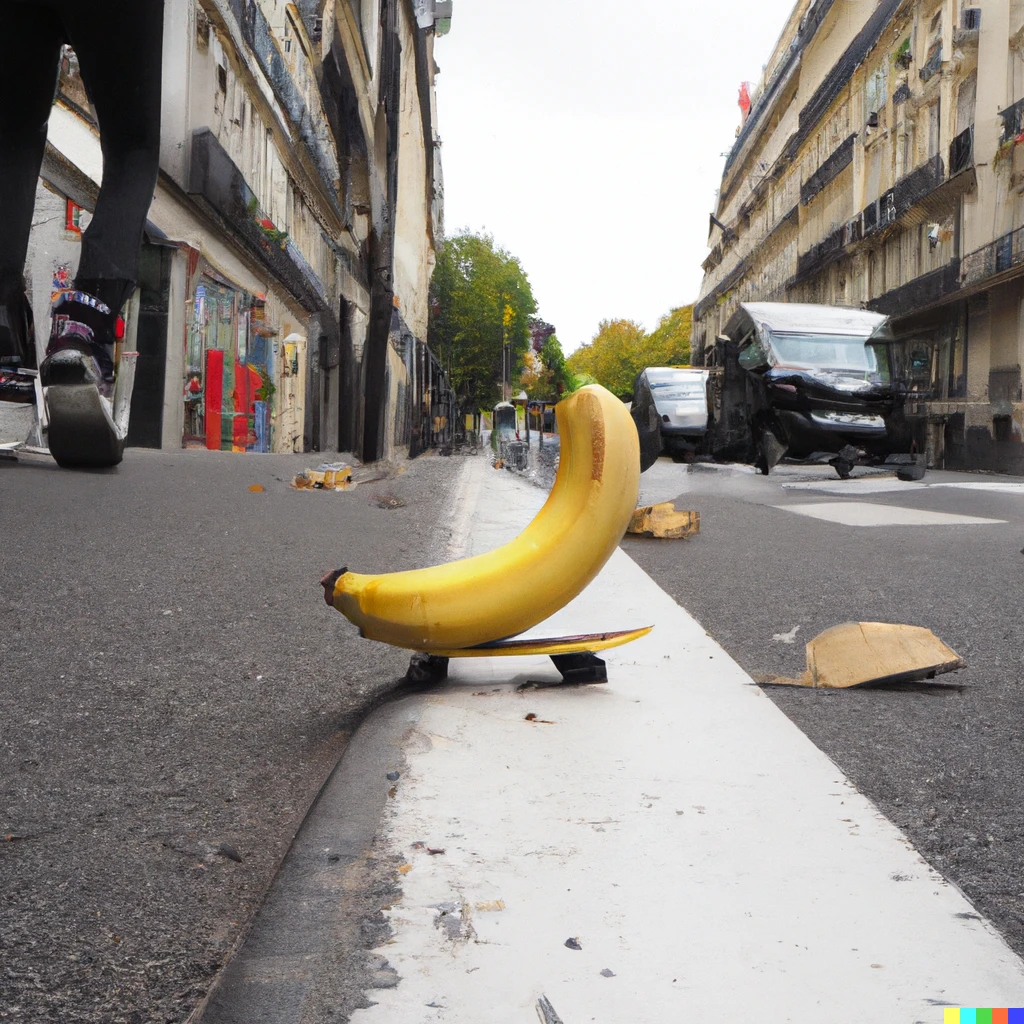Prompt: A banana skating in the street of Paris. 