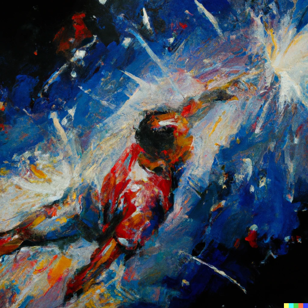 Prompt: An expressive oil painting of a footballer player scoring, depicted as an explosion of a nebula
