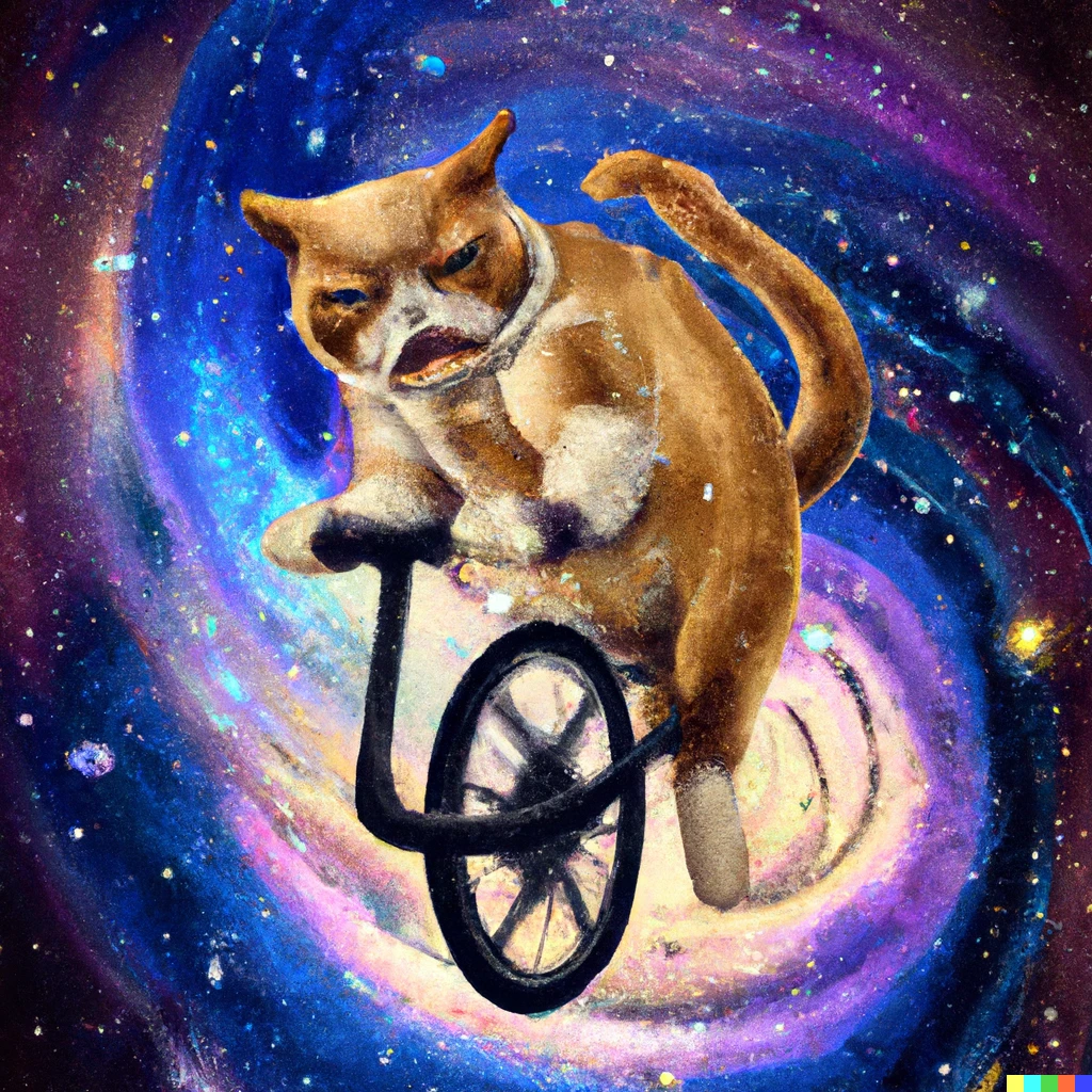Prompt: digital art angry cat travelling to center of galaxy on a unicycle on milky way 