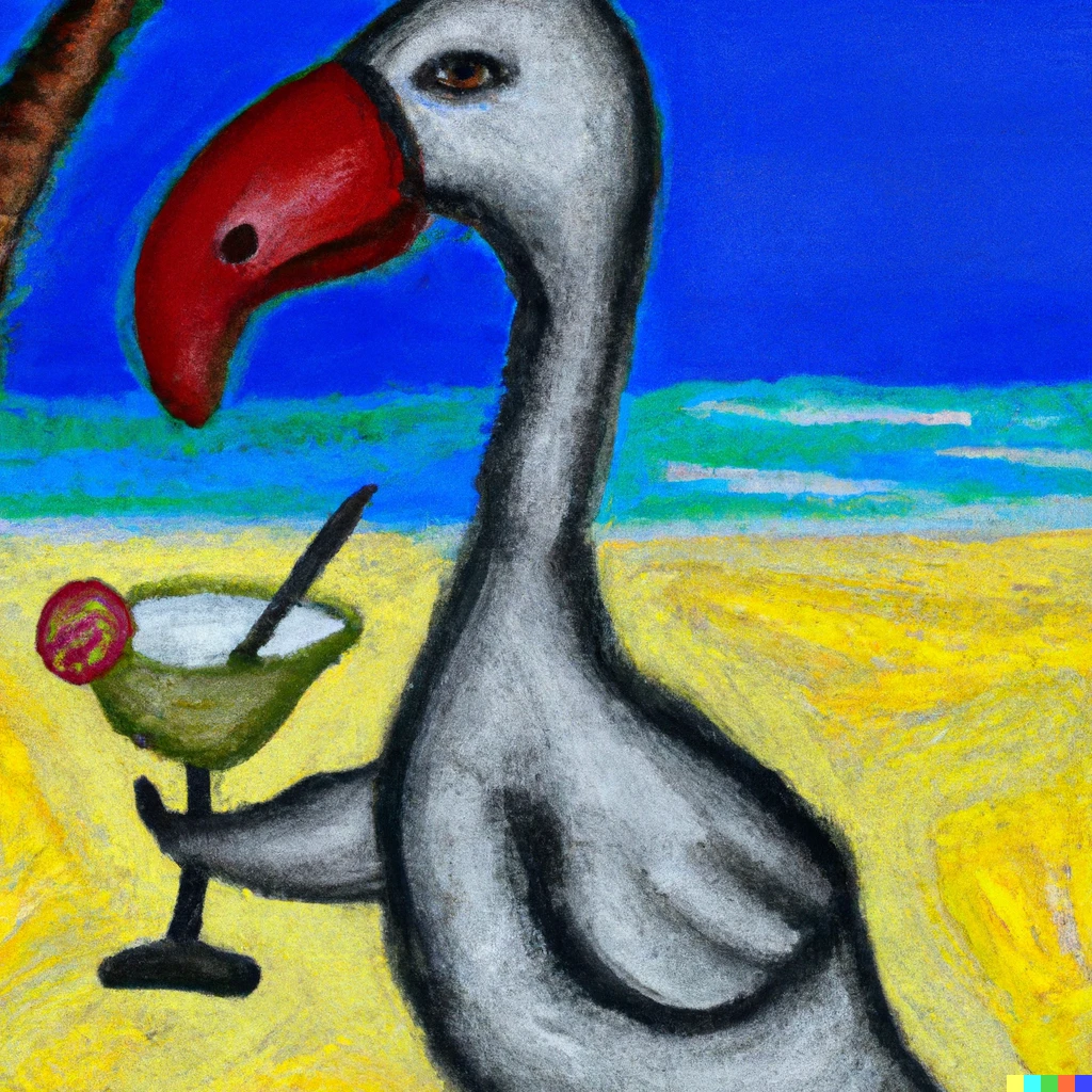 Prompt: Picasso style painting of a Dodo bird sipping a margarita on the beach