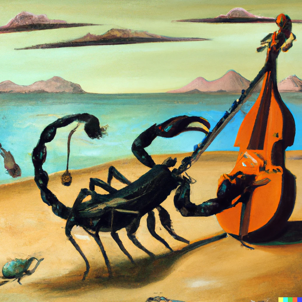 Prompt: Surreal scorpion pincers pinching the chords of a harp. By Victor Frimu