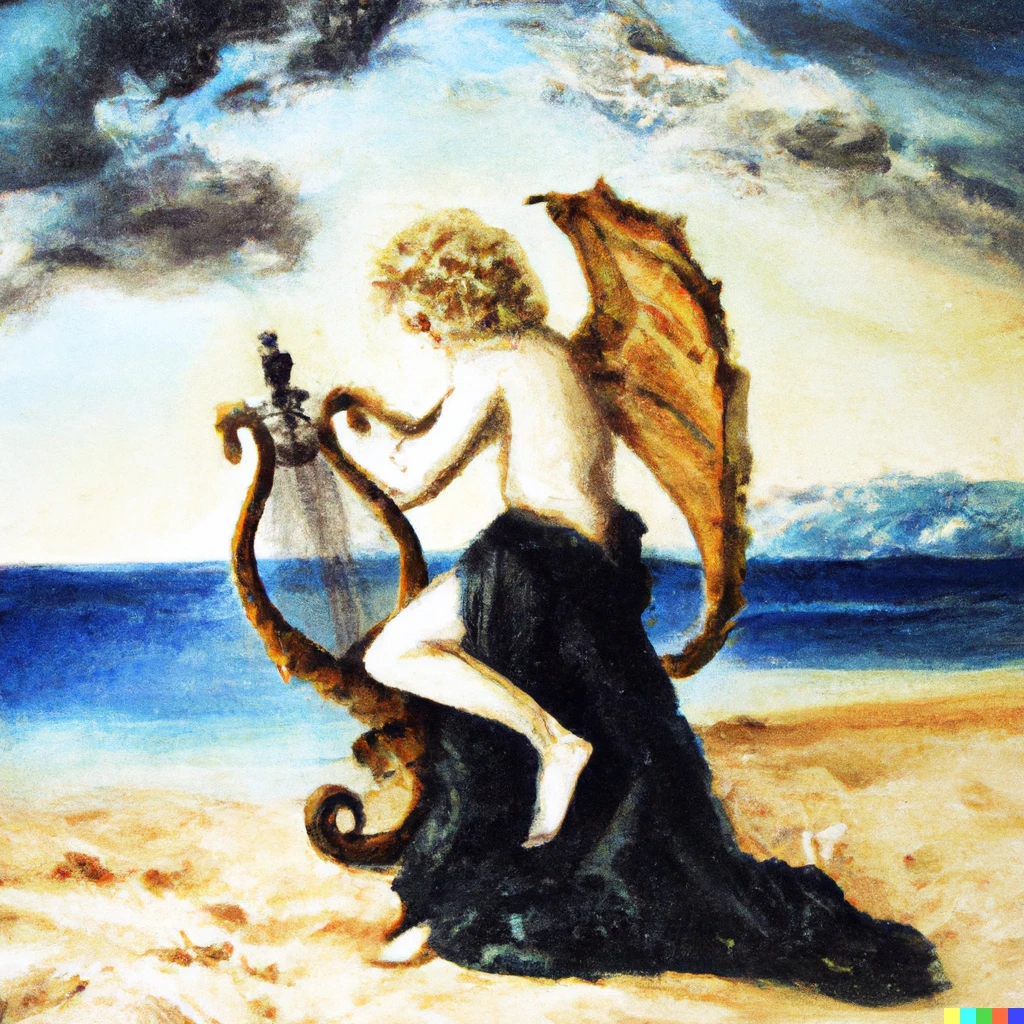 Prompt: Surreal Rubensian angel with black scorpion tail playing the harp on the beach of Croatia. By Peter Paul Rubens